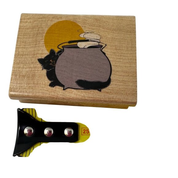 Halloween Black Cat Cauldron Wooden Rubber Stamp Spooky Witchy Card Making - Picture 4 of 6